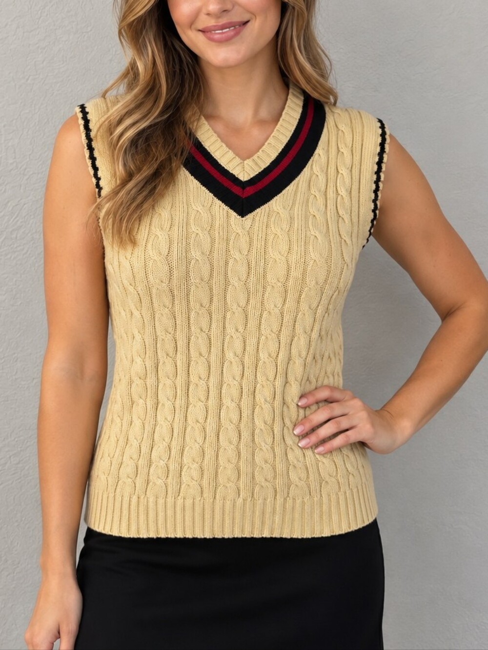 Vtg LAND'S END 1980s Cable-Knit V-Neck Varsity Academia Sweater Vest